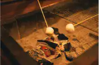 マシュマロを囲炉裏で焼いている写真